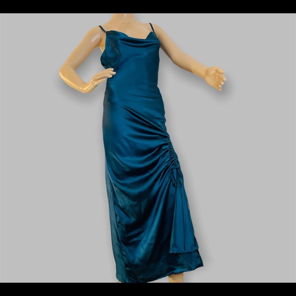 Sexy Split Ruched Women’s Navy Blue Satin Body Dress New - Picture 9 of 11